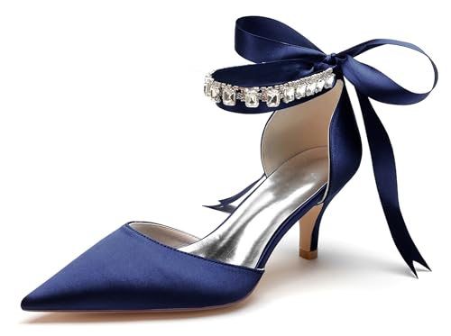 Hanfike Braut Pumps Schuhe fur Hochzeits Damen Kitten Heels Abend Formal Party Pumps mit Schleif JY136 Dunkel blau EU 39 von Hanfike