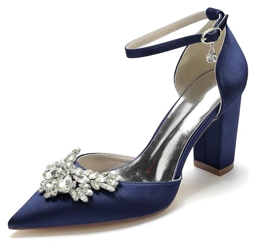 Hanfike Closed Toe Abend Schuhe fur Damen Blockabsatz Spitz Braut Hochzeits Formal Pumps mit Schleifen JY172 Dunkel blau EU 38.5 von Hanfike
