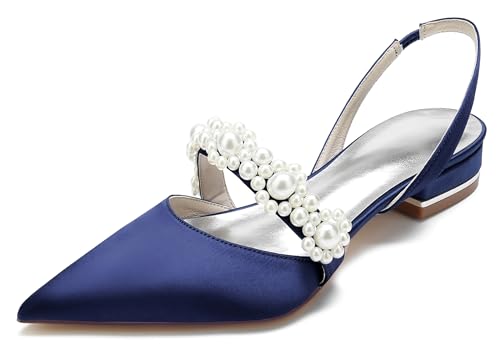 Hanfike Club Flache Schuhe Damen Slingback Mary Jane Braut Hochzeits Abend Kleidschuhe mit Perlen JY202 Dunkel blau EU 41 von Hanfike