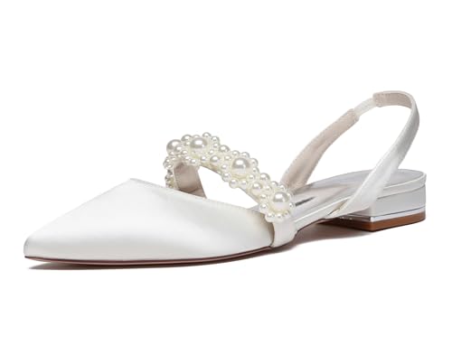 Hanfike Club Flache Schuhe Damen Slingback Mary Jane Braut Hochzeits Abend Kleidschuhe mit Perlen JY202 Elfenbein EU 40 von Hanfike