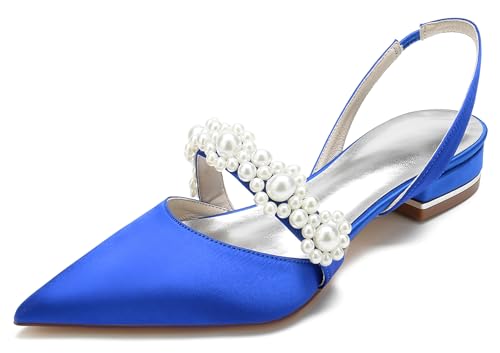 Hanfike Club Flache Schuhe Damen Slingback Mary Jane Braut Hochzeits Abend Kleidschuhe mit Perlen JY202 Königsblau EU 41 von Hanfike