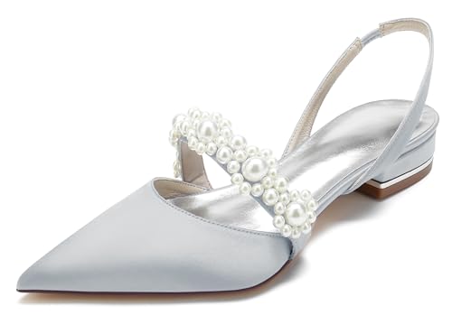 Hanfike Club Flache Schuhe Damen Slingback Mary Jane Braut Hochzeits Abend Kleidschuhe mit Perlen JY202 Silber EU 41.5 von Hanfike