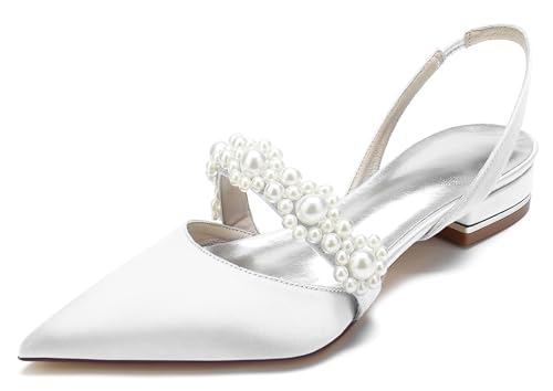 Hanfike Club Flache Schuhe Damen Slingback Mary Jane Braut Hochzeits Abend Kleidschuhe mit Perlen JY202 Weiß EU 41 von Hanfike