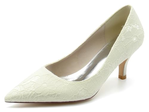 Hanfike Damen Abend Absatz Schuhe Elegant Lace Schlüpfen Kitten Heels Braut Hochzeits Pumps JY050 Elfenbein EU 41.5 von Hanfike