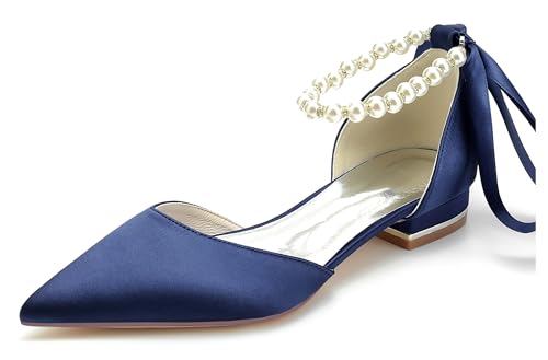 Hanfike Damen Abend Kleid Schuhe Perlen Ketten Braut Hochzeits Flache Pumps mit Schleif JY286 Dunkel blau EU 42 von Hanfike