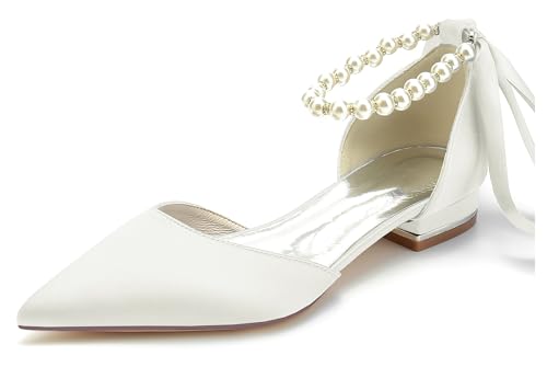 Hanfike Damen Abend Kleid Schuhe Perlen Ketten Braut Hochzeits Flache Pumps mit Schleif JY286 Elfenbein EU 39.5 von Hanfike