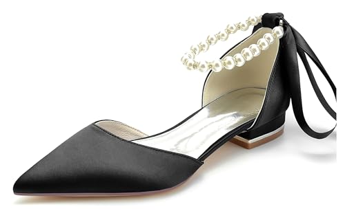 Hanfike Damen Abend Kleid Schuhe Perlen Ketten Braut Hochzeits Flache Pumps mit Schleif JY286 Schwarz EU 39 von Hanfike
