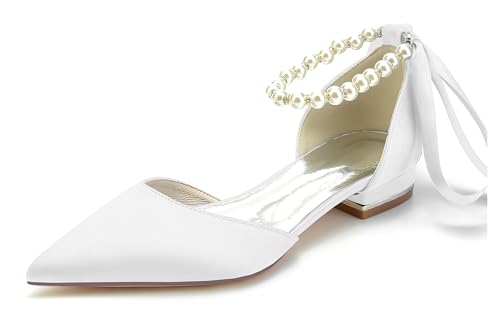 Hanfike Damen Abend Kleid Schuhe Perlen Ketten Braut Hochzeits Flache Pumps mit Schleif JY286 Weiß EU 41 von Hanfike