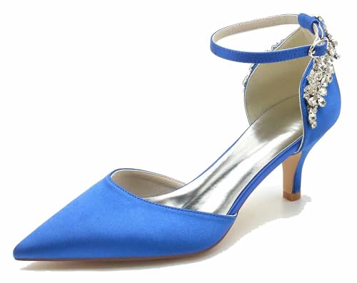 Hanfike Damen Bequem Abend Schuhe Spitz Kitten Heels Hochzeitsschuhe Prom Pumps mit Ketten JY040 Königsblau EU 37 von Hanfike