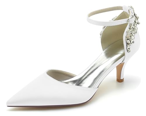 Hanfike Damen Bequem Abend Schuhe Spitz Kitten Heels Hochzeitsschuhe Prom Pumps mit Ketten JY040 Weiß EU 37.5 von Hanfike