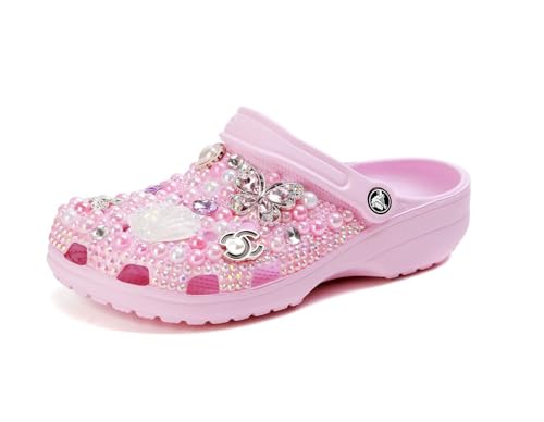 Hanfike Damen Clogs Pantoletten Schuhe mit Strass Bling Bling Sommer Flach A1805 Rosa EU 42 von Hanfike