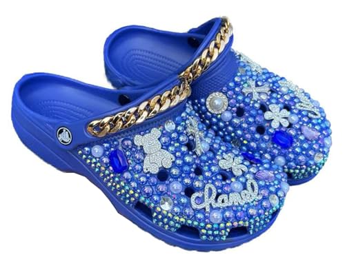 Hanfike Damen Clogs Pantoletten Schuhe mit Strass Bling Bling Sommer Flach A1807 Königsblau EU 38 von Hanfike