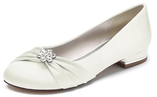 Hanfike Damen Elegant Abend Flacheschuhe Ruched Bequem Braut Hochzeits Flache Schuhe mit Strass JY250 Elfenbein EU 40.5 von Hanfike