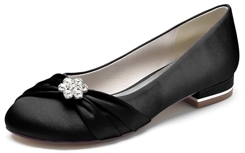 Hanfike Damen Elegant Abend Flacheschuhe Ruched Bequem Braut Hochzeits Flache Schuhe mit Strass JY250 Schwarz EU 42 von Hanfike
