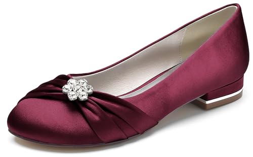 Hanfike Damen Elegant Abend Flacheschuhe Ruched Bequem Braut Hochzeits Flache Schuhe mit Strass JY250 Weinrot EU 38 von Hanfike
