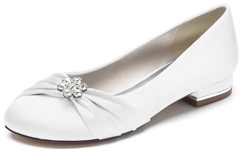 Hanfike Damen Elegant Abend Flacheschuhe Ruched Bequem Braut Hochzeits Flache Schuhe mit Strass JY250 Weiß EU 37.5 von Hanfike