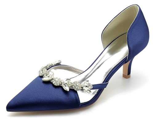 Hanfike Damen Elegant Braut Absatzs Schlüpfen Kitten Heels Hochzeits Party Schuhe mit Strass JY041 Dunkel blau EU 42 von Hanfike