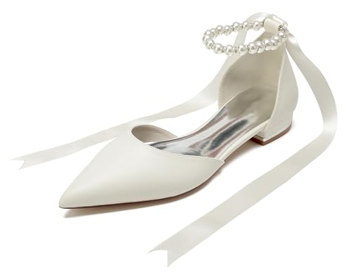 Hanfike Damen Flache Schuhe fur Hochzeits Perlen Brautschuhe Spitz Abend Kleidschuhe mit Schleif JY321 Elfenbein EU 41 von Hanfike