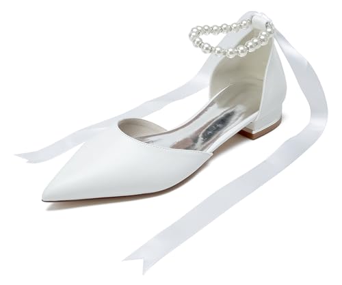 Hanfike Damen Flache Schuhe fur Hochzeits Perlen Brautschuhe Spitz Abend Kleidschuhe mit Schleif JY321 Weiß EU 38.5 von Hanfike