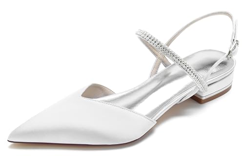 Hanfike Damen Kleid Flache Schuhe Slingback Spitz Braut Hochzeits Abend Flacheschuhe mit Strass JY208 Weiß EU 41 von Hanfike