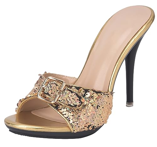 Hanfike Damen Pantoletten mit Absatz Elegant Kleid Party Mules Slipper mit Schnalle Gold Pailletten EU 38 von Hanfike