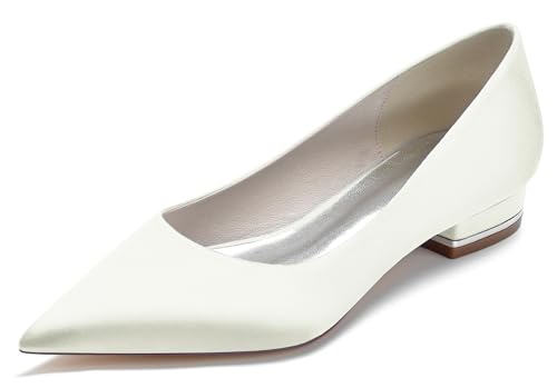 Hanfike Damen Prom Flache Schuhe Schlüpfen Spitz Braut Hochzeits Abend Kleidschuhe JY211 Elfenbein EU 42 von Hanfike