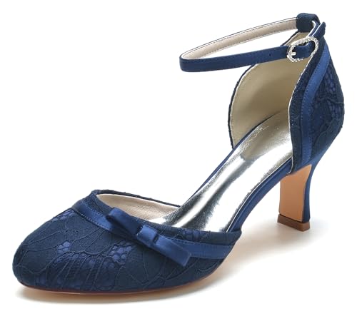 Hanfike Damen Pumps Blockabsatz Geschlossene Braut Hochzeits Abend Schuhe mit Knoten JY150 Dunkel blau EU 36.5 von Hanfike
