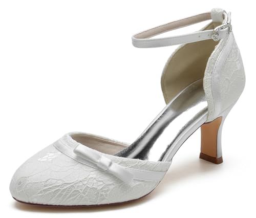 Hanfike Damen Pumps Blockabsatz Geschlossene Braut Hochzeits Abend Schuhe mit Knoten JY150 Weiß EU 36.5 von Hanfike