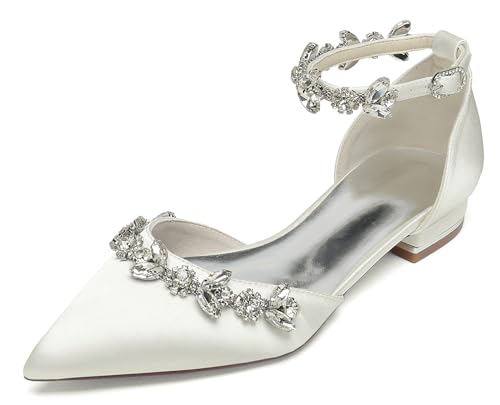 Hanfike Damen Spitz Hochzeits Flache Pumps Ketten Brautschuhe Komfort Hochzeits Abend Kleidschuhe mit Strass JY323 Elfenbein EU 40.5 von Hanfike
