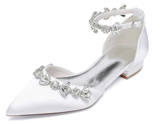 Hanfike Damen Spitz Hochzeits Flache Pumps Ketten Brautschuhe Komfort Hochzeits Abend Kleidschuhe mit Strass JY323 Weiß EU 41 von Hanfike