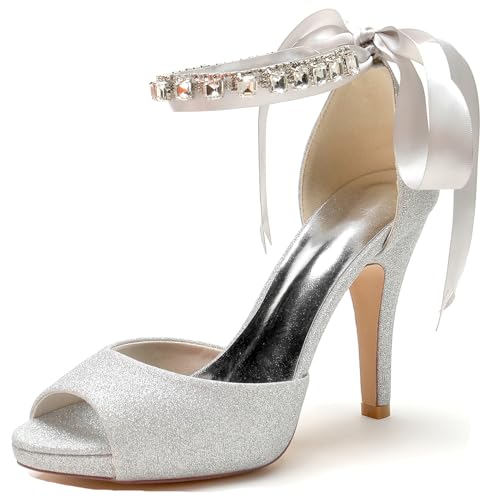 Hanfike Damens Glitter Hochzeits Schuhe Plattform Ketten Braut Party Abend Sandalen mit Schleif JY134 Silber EU 37.5 von Hanfike