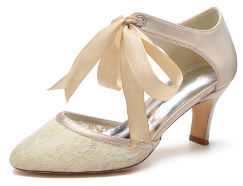 Hanfike Damens Lace Hochzeits Schuhe mit Schleif Brautschuhe Abend Formal Party Pumps JY093 Champagner EU 38.5 von Hanfike