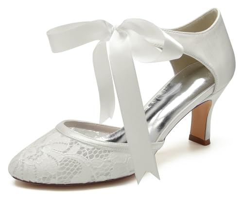 Hanfike Damens Lace Hochzeits Schuhe mit Schleif Brautschuhe Abend Formal Party Pumps JY093 Elfenbein EU 38 von Hanfike