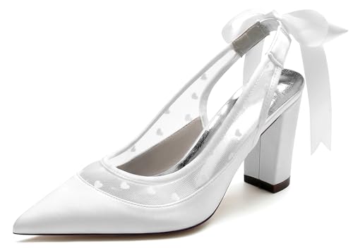 Hanfike Damens Slingback Hochzeits Schuhe Klobiger Absatz Brautschuhe Abend Prom Pumps mit Schleif JY171 Weiß EU 39 von Hanfike