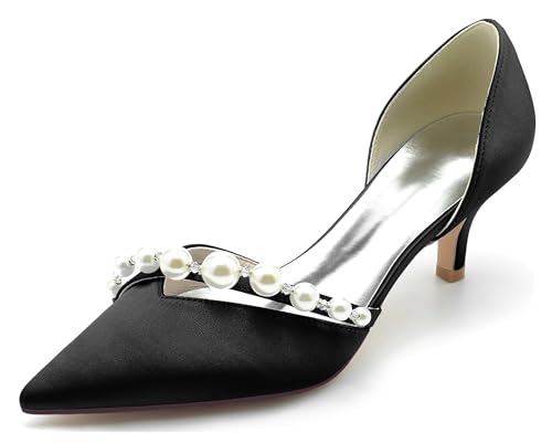 Hanfike Frauen Abend Schuhe Fashion Schlüpfen Spitz Braut Hochzeits Prom Pumps mit Perlen JY045 Schwarz EU 39 von Hanfike
