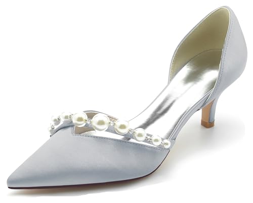 Hanfike Frauen Abend Schuhe Fashion Schlüpfen Spitz Braut Hochzeits Prom Pumps mit Perlen JY045 Silber EU 42 von Hanfike