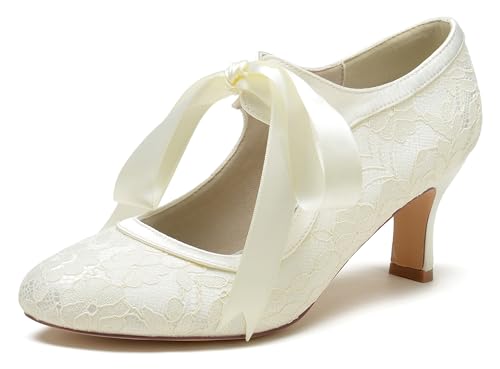 Hanfike Frauen Geschlossene Hochzeits Absatzs Mary Jane Braut Hochzeits Party Pumps mit Schleif JY147 Elfenbein EU 36.5 von Hanfike