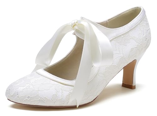 Hanfike Frauen Geschlossene Hochzeits Absatzs Mary Jane Braut Hochzeits Party Pumps mit Schleif JY147 Weiß EU 36.5 von Hanfike