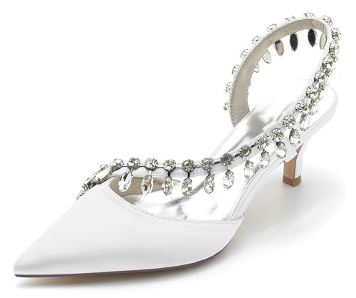 Hanfike Hochzeits Schuhe fur Damen Niedriger Absatz Slingback Brautschuhe Abend Prom Pumps mit Strass JY138 Weiß EU 40.5 von Hanfike