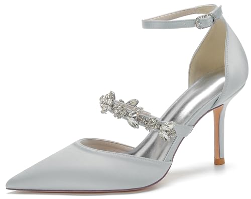 Hanfike Hoher Absatz Braut Pumps Stiletts Fesselriemen Hochzeits Abend Prom Schuhe fur Damen JY001 Silber EU 38.5 von Hanfike