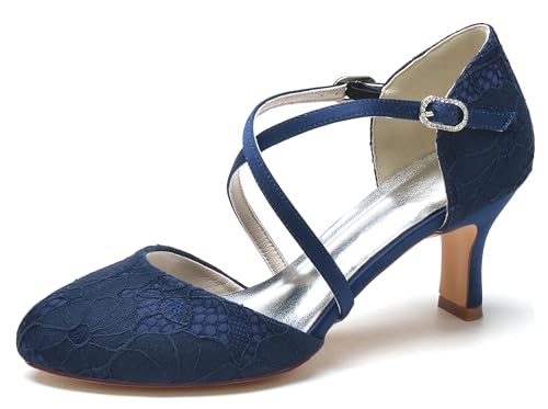 Hanfike Hoher Absatz Braut Schuhe Geschlossene Elegant Lace Hochzeits Abend Pumps fur Damen JY092 Dunkel blau EU 37.5 von Hanfike