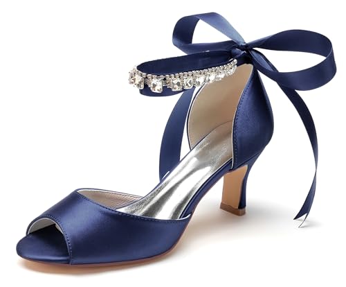 Hanfike Kleid Schuhe fur Hochzeits Damen Niedriger Absatz Bequem Brautschuhe Abend Sandalen mit Schleif JY146 Dunkel blau EU 36 von Hanfike