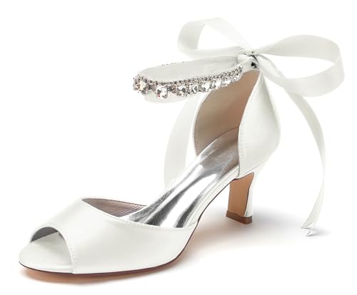 Hanfike Kleid Schuhe fur Hochzeits Damen Niedriger Absatz Bequem Brautschuhe Abend Sandalen mit Schleif JY146 Elfenbein EU 38 von Hanfike