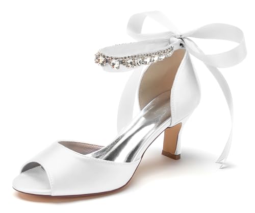 Hanfike Kleid Schuhe fur Hochzeits Damen Niedriger Absatz Bequem Brautschuhe Abend Sandalen mit Schleif JY146 Weiß EU 41 von Hanfike