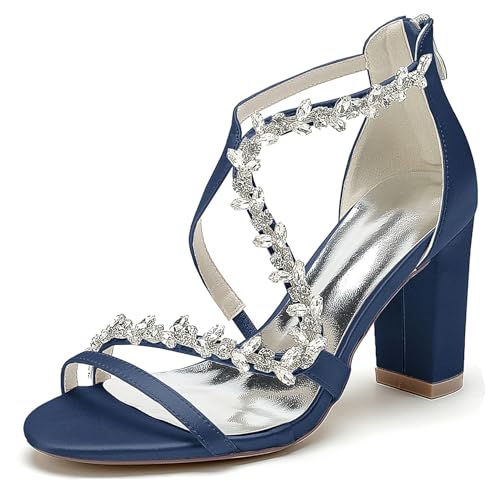 Hanfike Offene Hochzeitsschuhe Damen Klobiger Absatz Riemchen Braut Abend Party Schuhe mit Strass JY164 Dunkel blau EU 37 von Hanfike