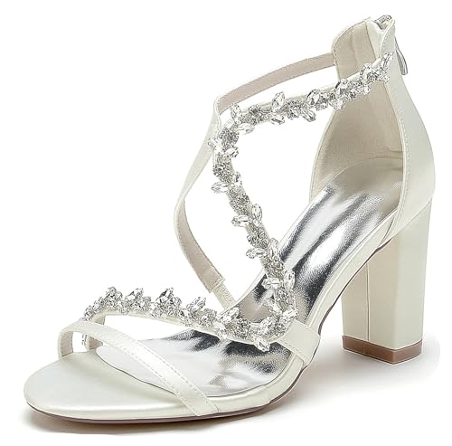 Hanfike Offene Hochzeitsschuhe Damen Klobiger Absatz Riemchen Braut Abend Party Schuhe mit Strass JY164 Elfenbein EU 38 von Hanfike