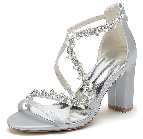 Hanfike Offene Hochzeitsschuhe Damen Klobiger Absatz Riemchen Braut Abend Party Schuhe mit Strass JY164 Silber EU 38.5 von Hanfike