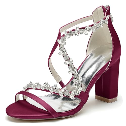Hanfike Offene Hochzeitsschuhe Damen Klobiger Absatz Riemchen Braut Abend Party Schuhe mit Strass JY164 Weinrot EU 37.5 von Hanfike