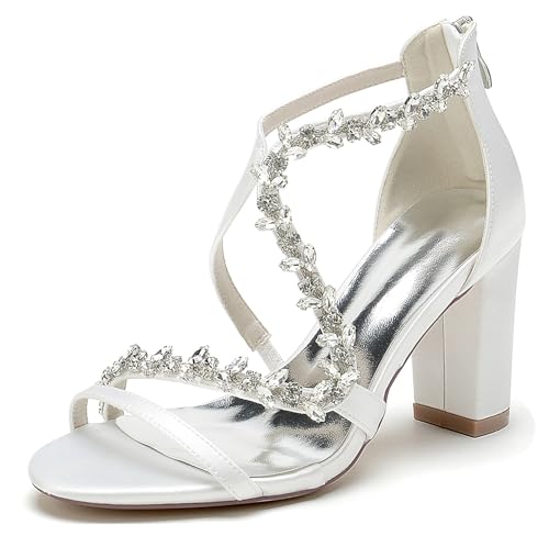 Hanfike Offene Hochzeitsschuhe Damen Klobiger Absatz Riemchen Braut Abend Party Schuhe mit Strass JY164 Weiß EU 38 von Hanfike