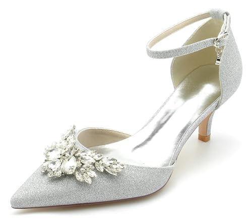 Hanfike Party Schuhe Damen Glitzer Niedriger Absatz Spitz Brautschuhe Abend Hochzeits Pumps mit Bows JY054 Silber EU 41 von Hanfike